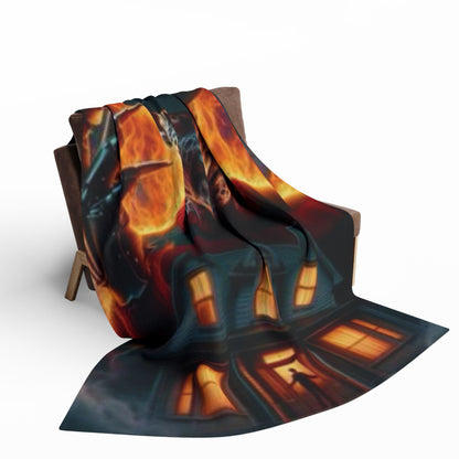 Chic Halloween Arctic fleece blanket draping over a couch, adorned with intriguing Halloween motifs, a sophisticated choice for those seeking to elevate their seasonal decor, from the Decorative and Warm Halloween Freddy Kruegar collection.