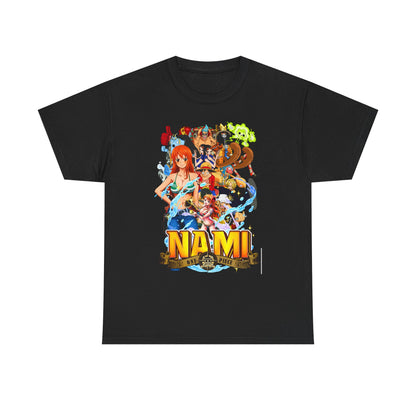 Chic black men's t-shirt featuring an eye-catching Nami graphic from One Piece, complete with striking colours and intricate character designs, ideal for casual outings.