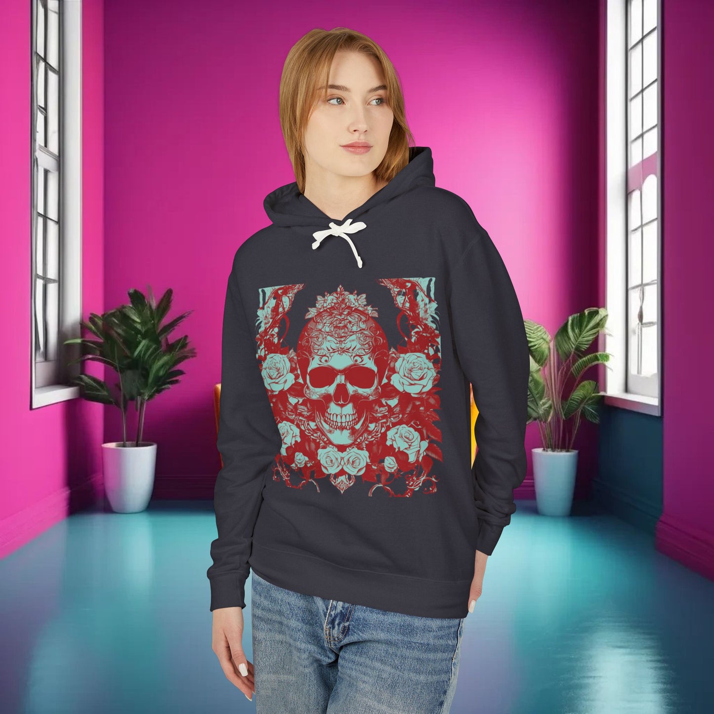 Skull and Roses Lightweight Hoodie, Unisex Edgy Designer Sweatshirt, Hipster