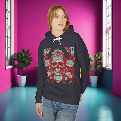 Skull and Roses Lightweight Hoodie in charcoal, showcasing a detailed skull and roses graphic, perfect for making a bold fashion statement in a stylish setting.