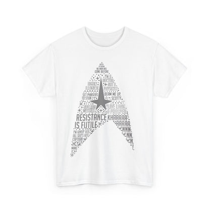 Front view of the Star Trek Federation Logo Art Graphic Unisex T-Shirt Tee, featuring iconic phrases and a stylish starship illustration, ideal for expressing your love for the Star Trek universe.