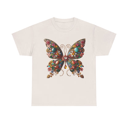 Sophisticated unisex t-shirt in a classic cream tone, displaying the 'Enchanting Butterfly Brooch' graphic adorned with dazzling gemstones and floral details.
