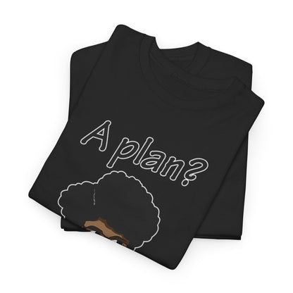 Moss The IT Crowd Bigger Glasses unisex graphic T-shirt displaying a stylish stack of tees with a cartoon representation of Moss, adorned with the text 'A plan?' and 'Let me put on my slightly larger glasses'. A must-have for discerning fans of The IT Crowd.