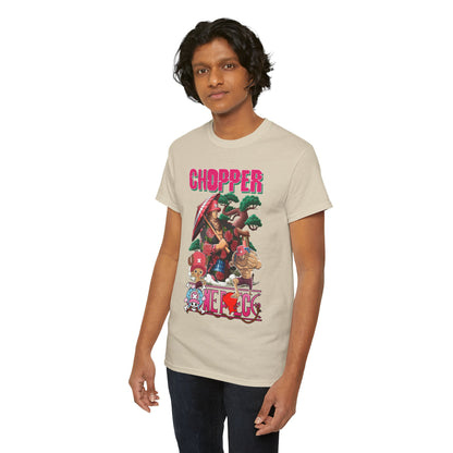 Luxurious men's graphic t-shirt showcasing a vibrant design featuring Chopper and friends, perfect for anime enthusiasts.