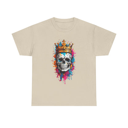 Chic beige t-shirt displaying an exquisite skull crowned with intricate details, highlighted by dynamic blue, pink, and orange artistic splashes, tailored for contemporary style lovers.