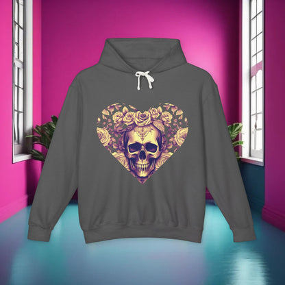 Skull and Roses Lightweight Hoodie displayed against a vibrant pink backdrop, showcasing its edgy design and luxurious comfort.