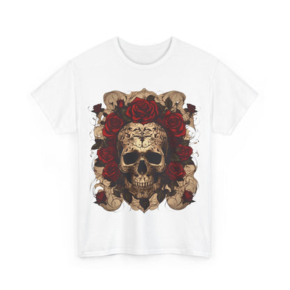 Front view of the Skulls and Roses Cotton Tee showcasing an intricate steampunk skull design surrounded by vibrant roses, perfect for making a bold fashion statement.