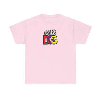 Unisex MS DOS Logo Graphic Tee in soft pink, showcasing a vintage computer aesthetic with the iconic MS DOS logo elegantly displayed.