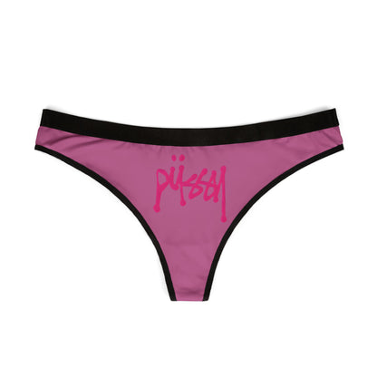 Elegant women's thong in vibrant pink with bold 'PUSSY' graphic, designed for confidence and empowerment in luxury lingerie.