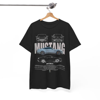 Sleek Ford Mustang GT T-shirt elegantly displayed on a hanger, showcasing detailed artwork and luxury design for true automobile aficionados.