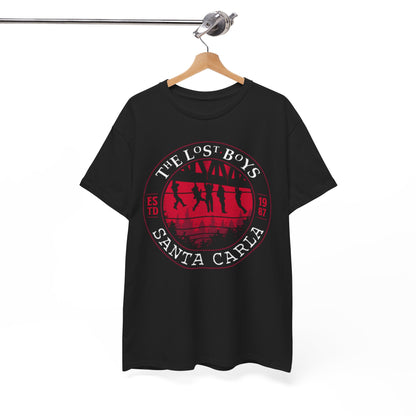 Chic black t-shirt hung on a wooden hanger, prominently displaying the 'Lost Boys' Santa Carla logo, a blend of vintage charm and contemporary style.