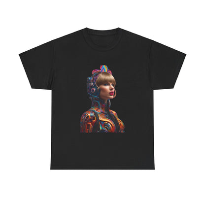Luxurious black Heavy Cotton Tee adorned with a vibrant psychedelic image of Taylor Swift, designed for passionate fans and collectors.