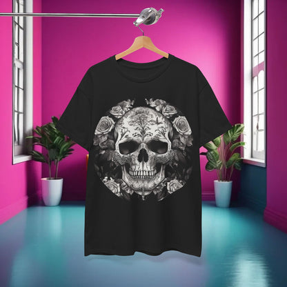 Skulls and Roses Cotton Tee, Unisex Graphic Shirt hung in a stylish room, emphasising the bold skull and rose design against a luxurious backdrop.