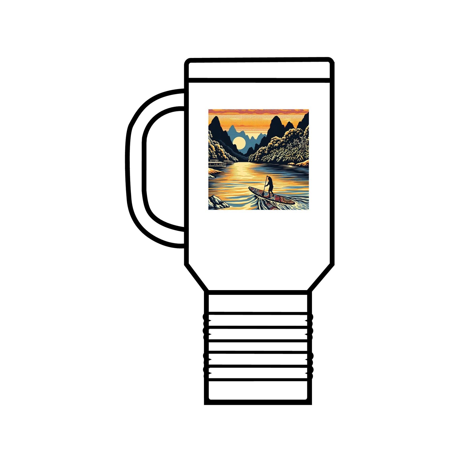 Sophisticated Fantasy Paddleboarding 40oz Insulated Travel Mug in classic white, featuring an enchanting paddleboarding graphic, ideal for upscale outdoor experiences.