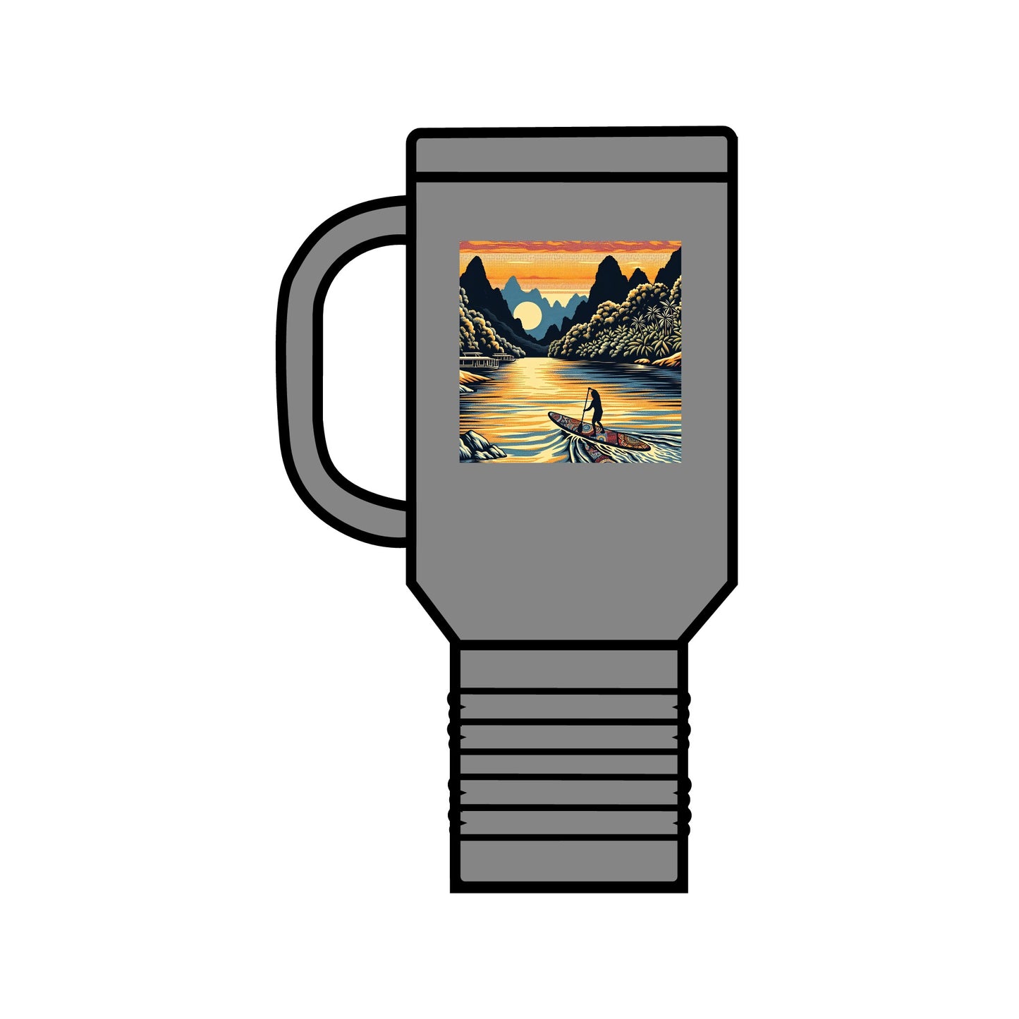 Elegant Fantasy Paddleboarding 40oz Insulated Travel Mug in polished grey, embellished with a beautiful paddleboarding illustration, perfect for luxurious hydration on the go.