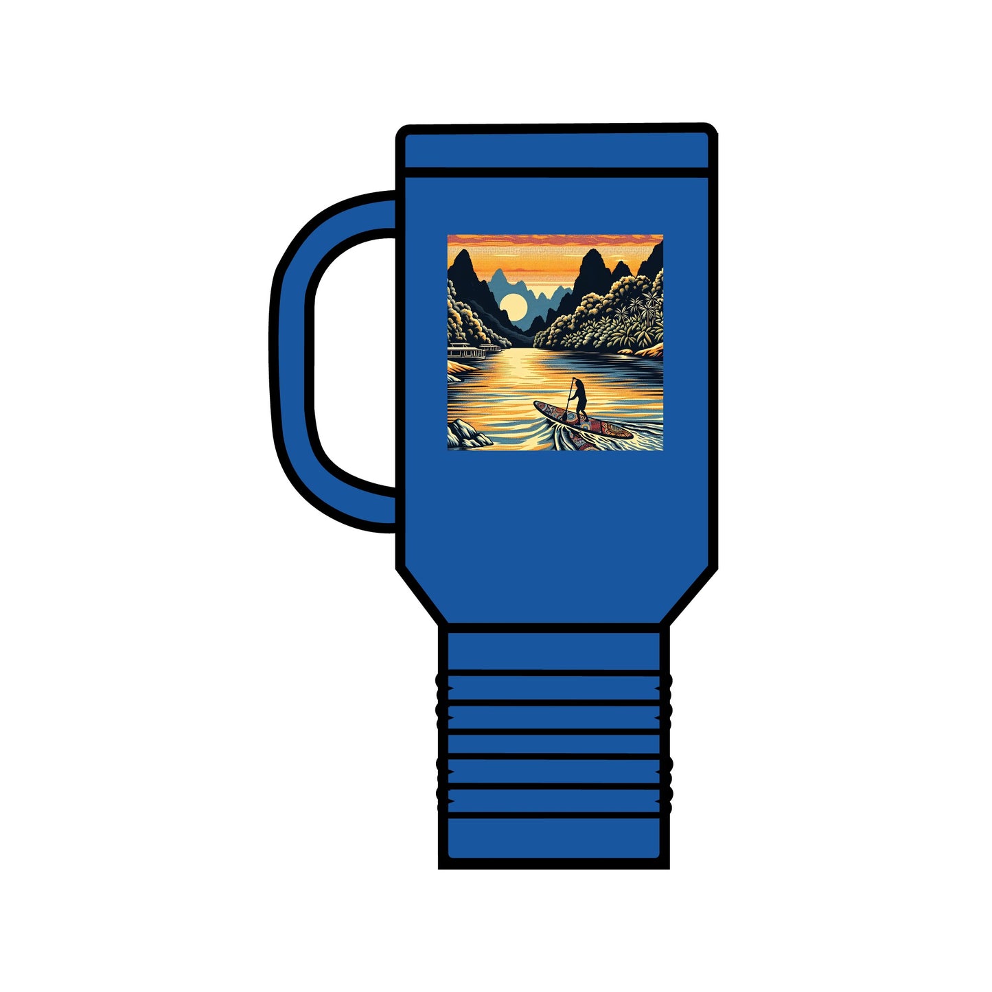 Fantasy Paddleboarding 40oz Insulated Travel Mug in royal blue featuring a captivating paddleboarding artwork set against a sunset river view. This luxury travel mug is designed for both form and function.