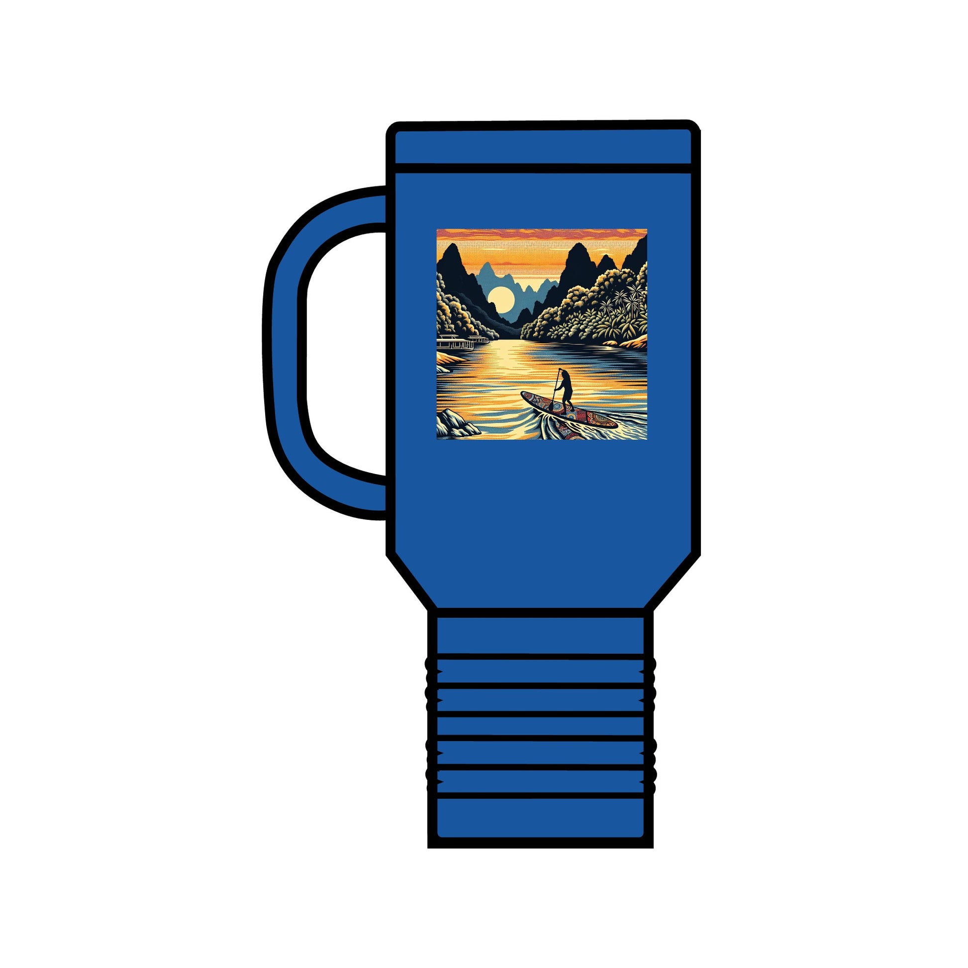 Fantasy Paddleboarding 40oz Insulated Travel Mug in royal blue featuring a captivating paddleboarding artwork set against a sunset river view. This luxury travel mug is designed for both form and function.