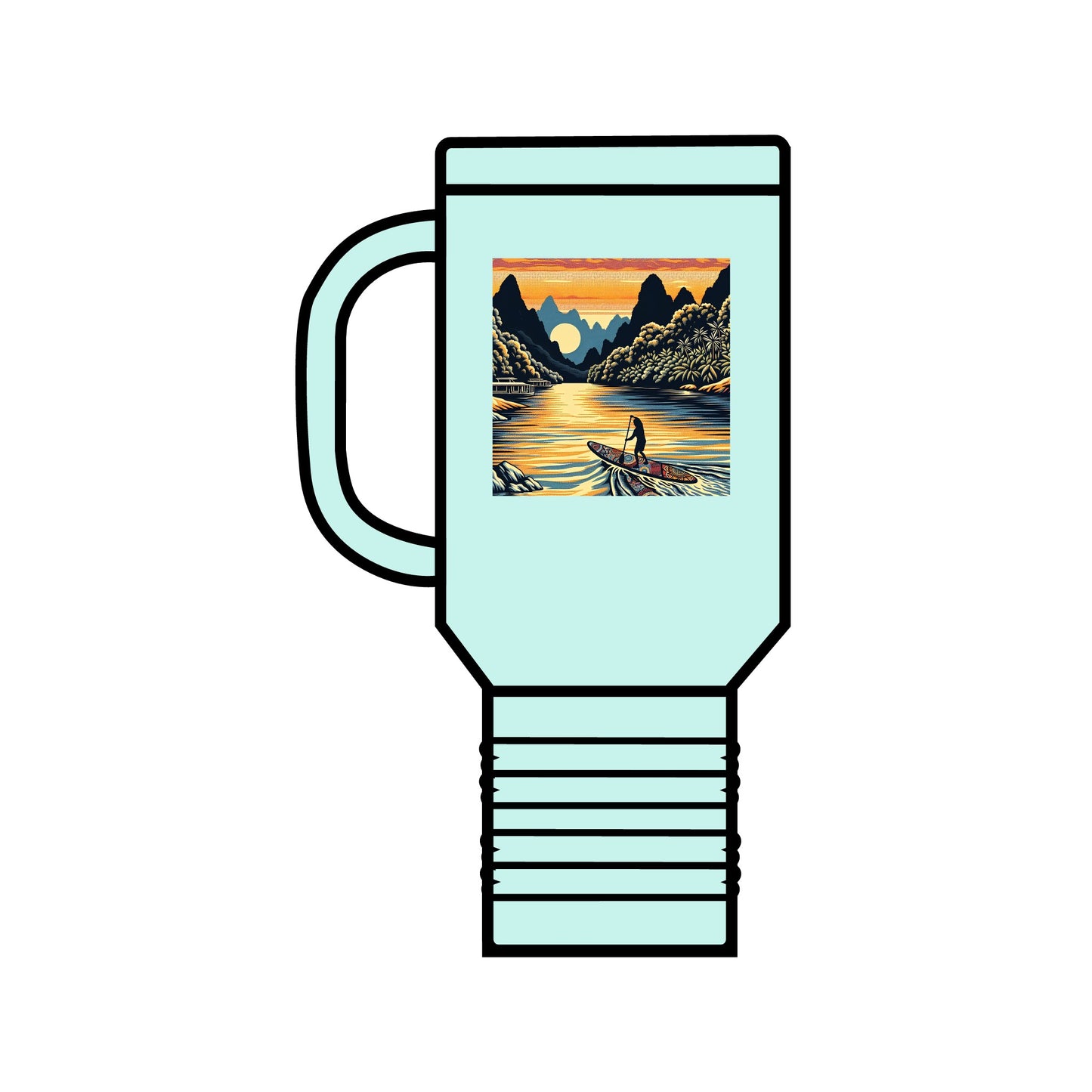 Fantasy Paddleboarding 40oz Insulated Travel Mug featuring an artistic illustration of a paddleboarder on a serene lake at sunset, crafted from high-quality stainless steel with a leak-proof, double-wall design for optimal thermal retention.