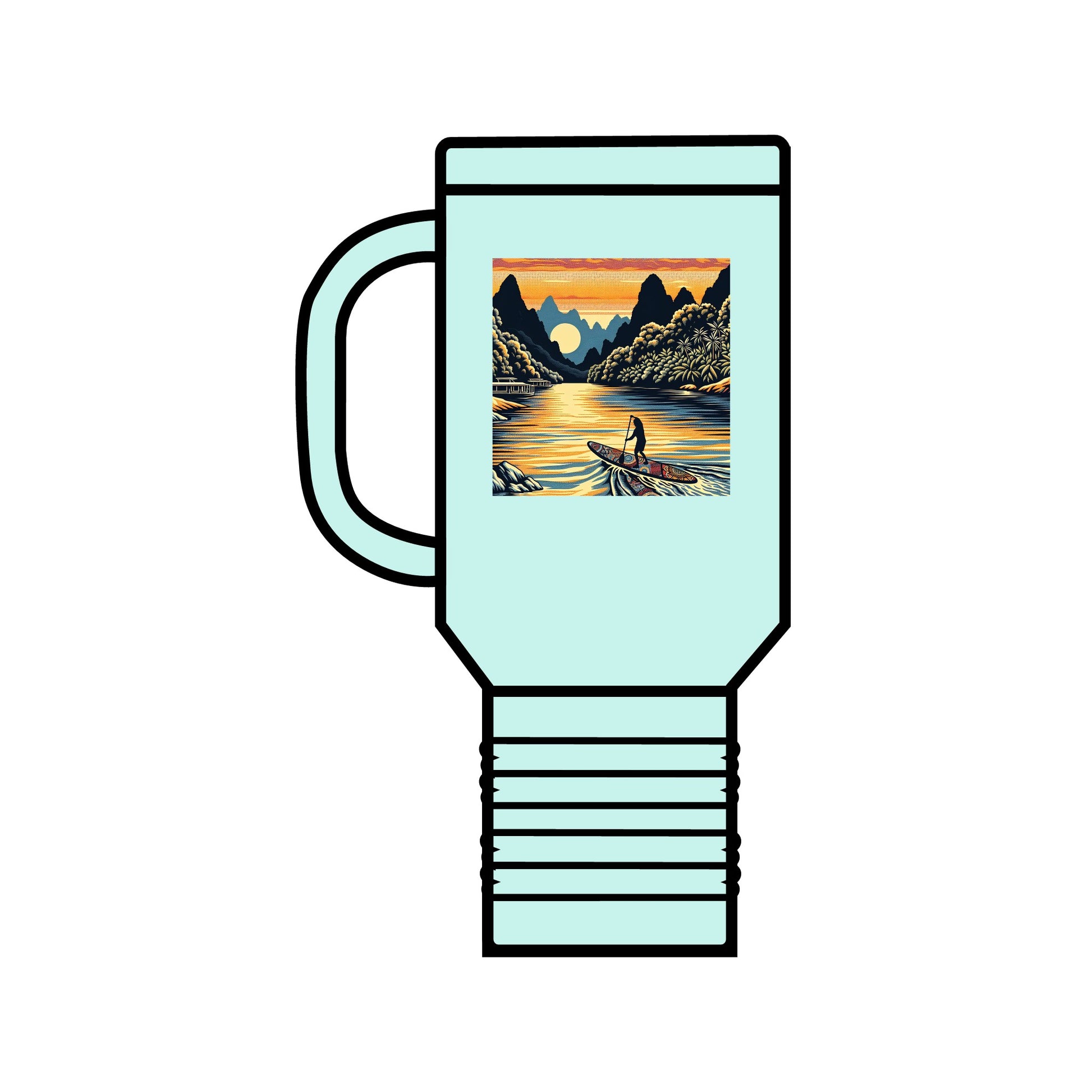 Fantasy Paddleboarding 40oz Insulated Travel Mug featuring an artistic illustration of a paddleboarder on a serene lake at sunset, crafted from high-quality stainless steel with a leak-proof, double-wall design for optimal thermal retention.