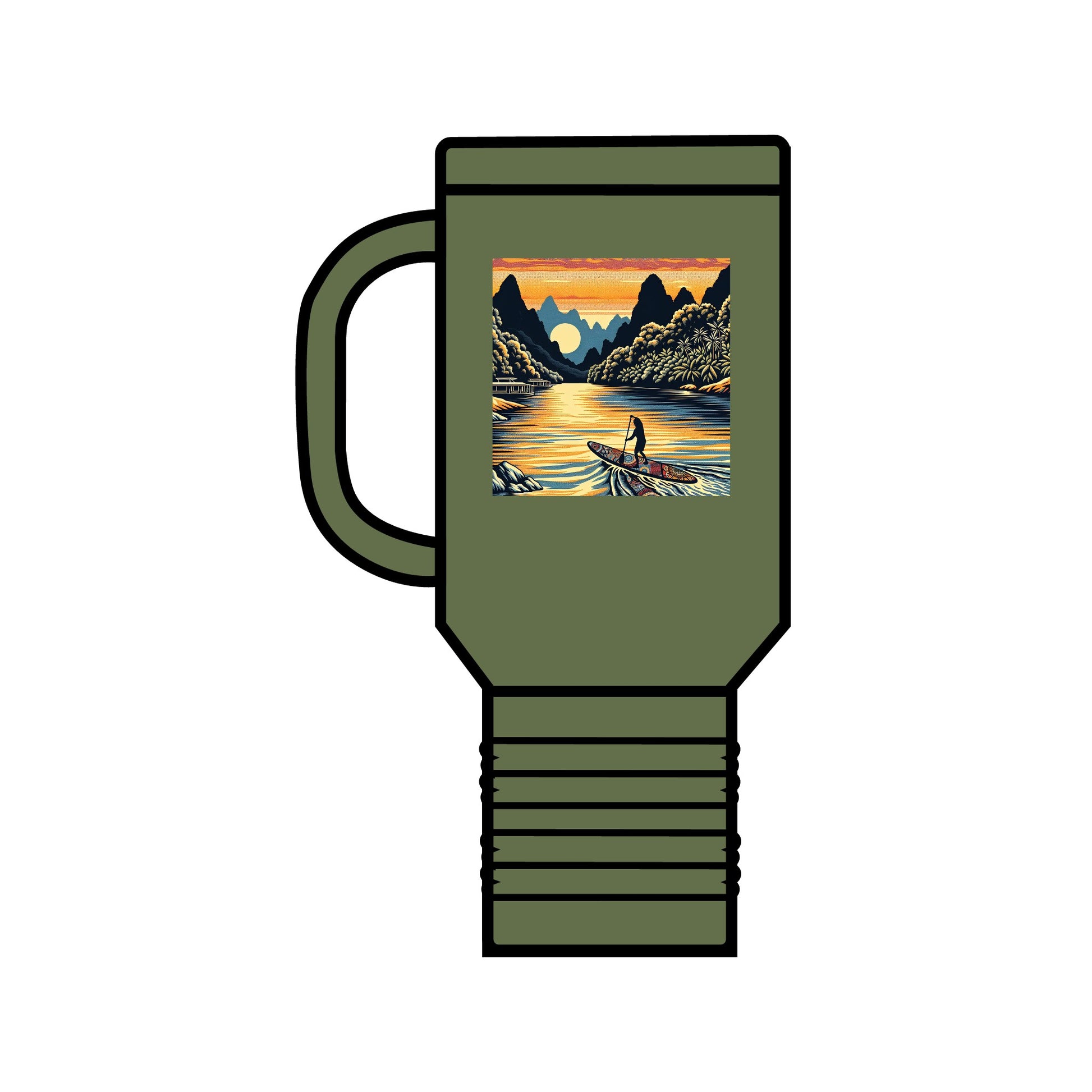 Fantasy Paddleboarding 40oz Insulated Travel Mug in olive green with an enchanting paddleboarding design that highlights a serene river and mountains at sunset. Ideal for luxurious hydration on adventurous outings.