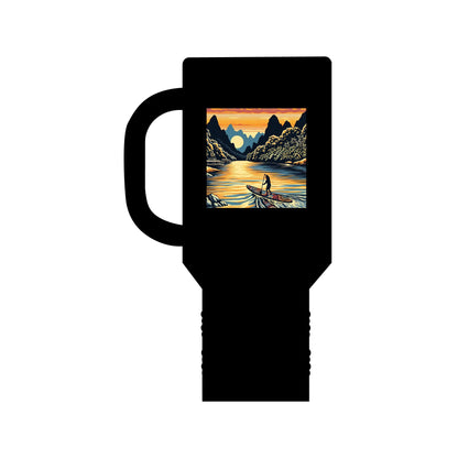 Fantasy Paddleboarding 40oz Insulated Travel Mug in classic black showcasing a striking paddleboarding illustration amidst a tranquil sunset landscape. Perfect for maintaining the temperature of your beverages in style.