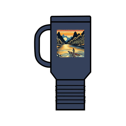 Fantasy Paddleboarding 40oz Insulated Travel Mug in navy blue featuring a whimsical paddleboarding scene against a picturesque sunset backdrop. This stainless steel mug boasts a double-wall design and leak-proof lid for effortless travel.