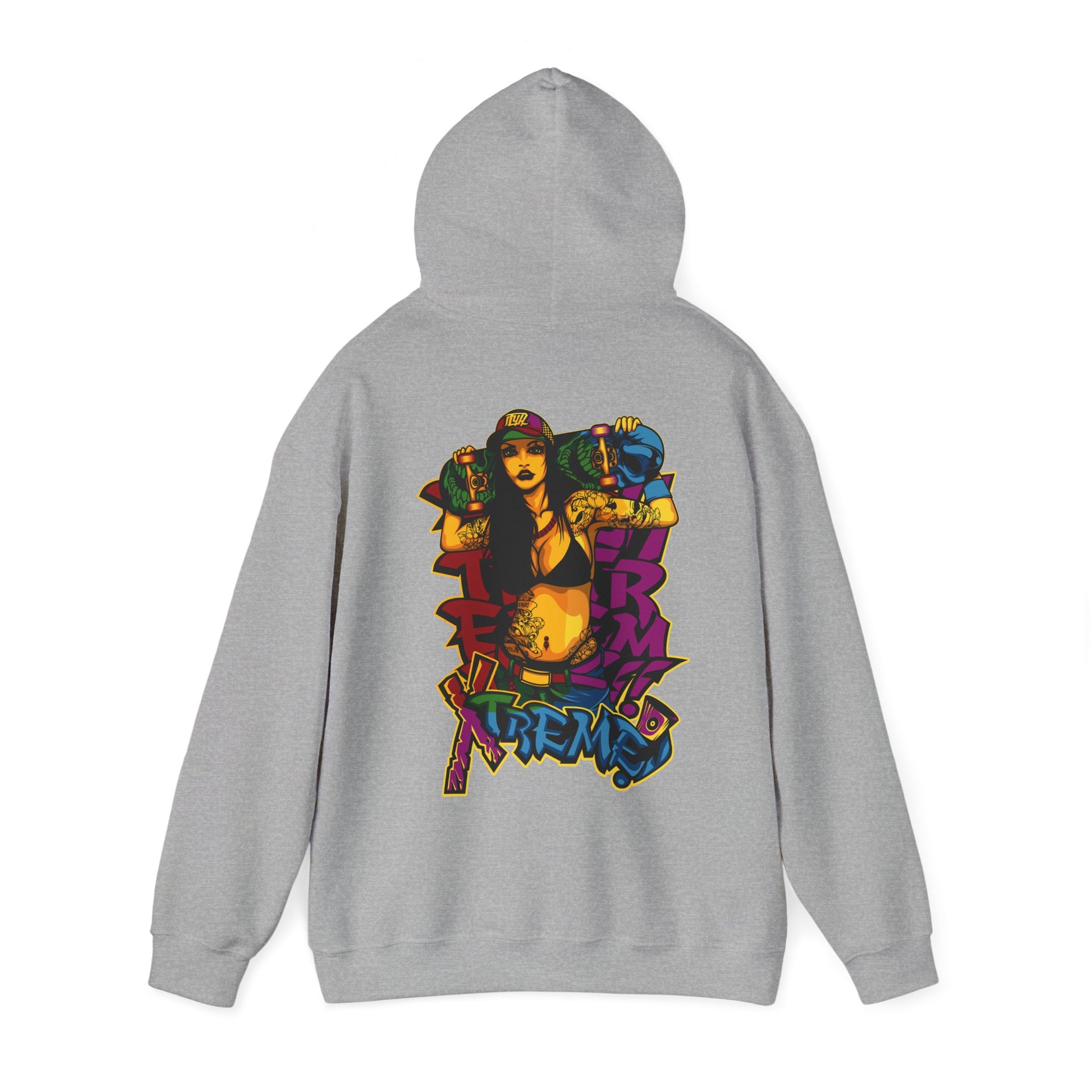 Sophisticated grey hoodie with a striking skateboarder illustration on the back, combining functionality with artistic expression.