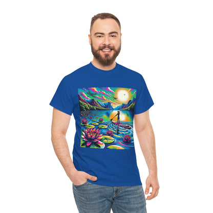 Delightful Paddle Board T-Shirt by Dazzling Dreams Studio showcased against a serene water backdrop, perfect for nature enthusiasts.