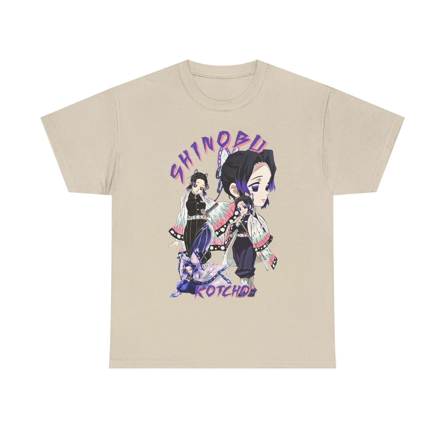 Chic beige T-shirt displaying captivating anime design of Shinobu Kocho from Demon Slayer, featuring detailed imagery and vibrant accents, perfect for stylish anime enthusiasts.