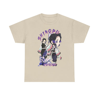 Luxury Shinobu Kocho T-shirt featuring an exquisite graphic design on a neutral background, perfect for anime aficionados.