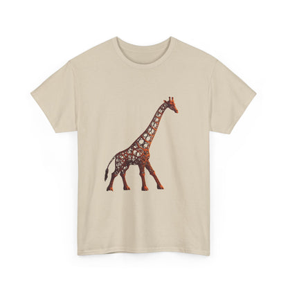 Stylish Unisex Giraffe Graphic Tee showcasing an intricate giraffe design in warm reddish-brown hues on a soft khaki cotton t-shirt, perfect for elevating your wardrobe.