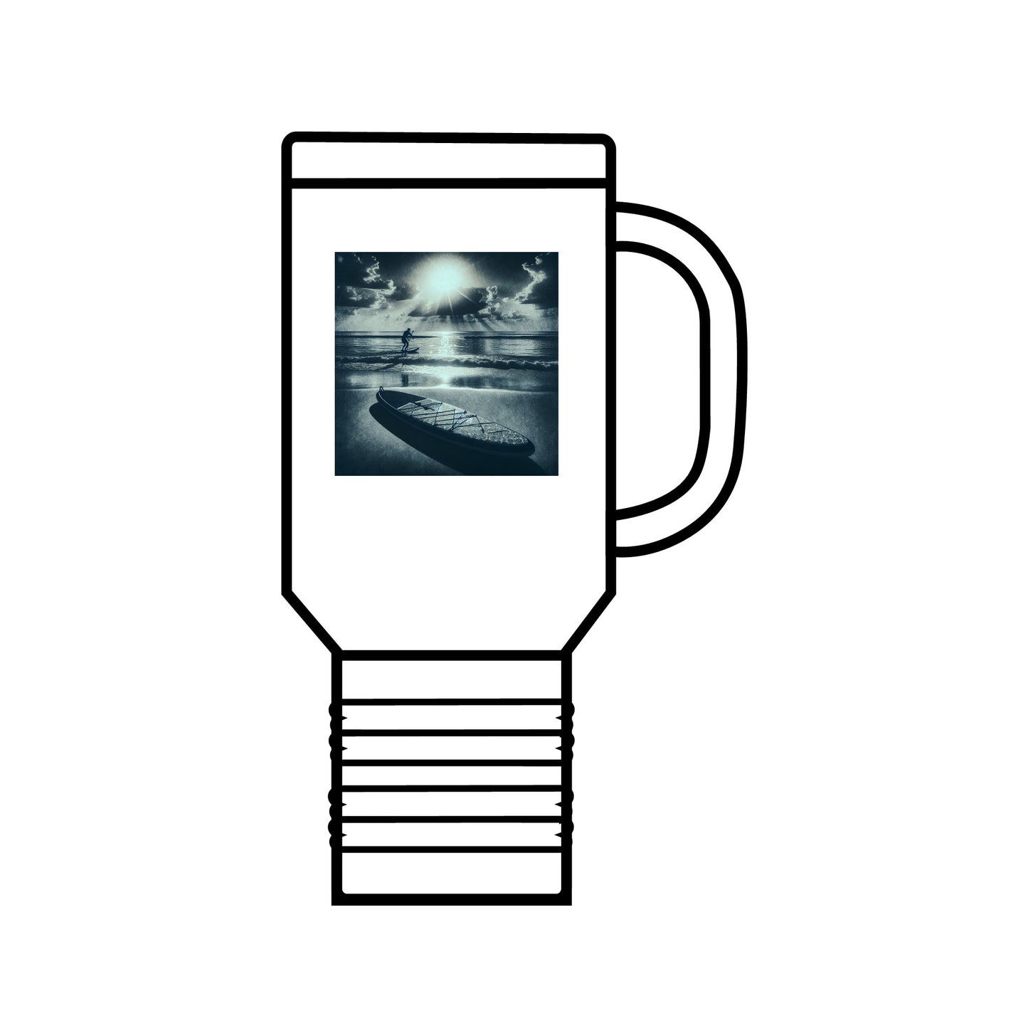 Fantasy Paddleboarding 40oz Insulated Stainless Steel Travel Mug showcasing an artistic design featuring a paddleboarder against a serene backdrop of ocean waves and radiant sunlight. A perfect blend of luxury and functionality.