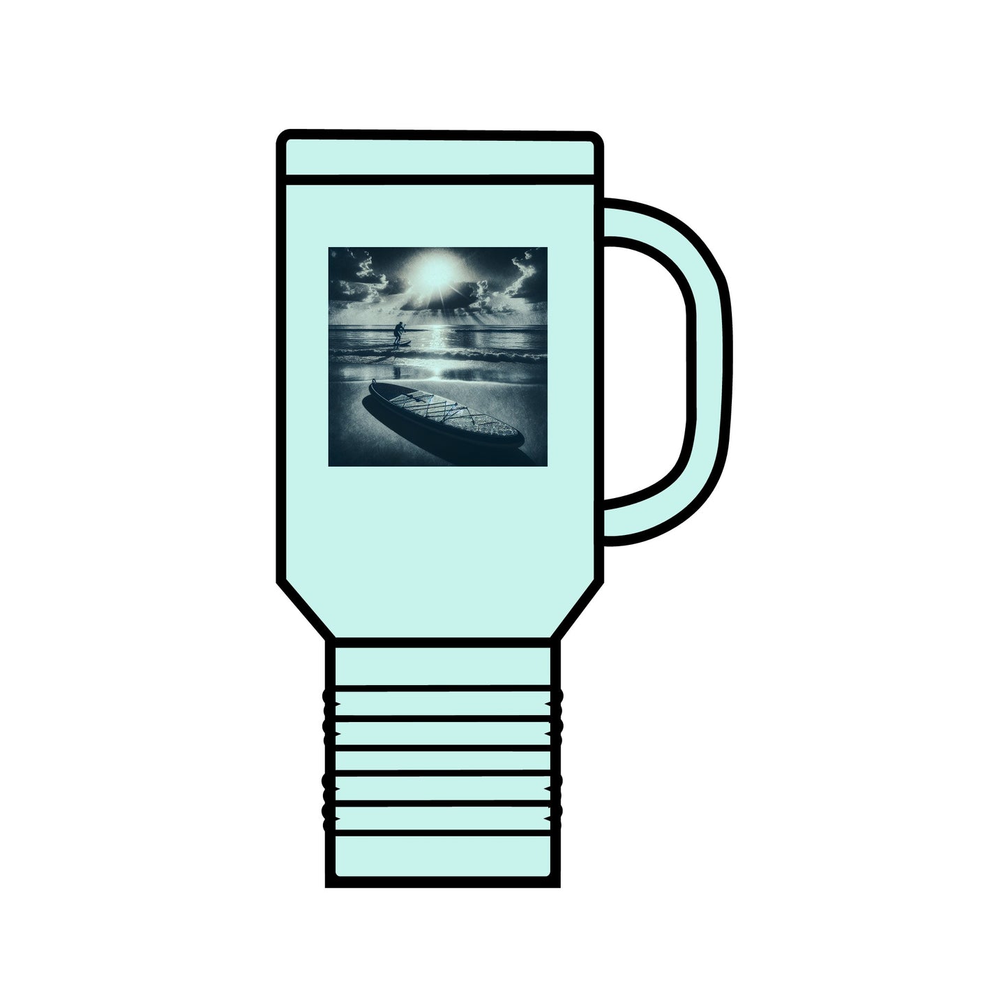 Fantasy Paddleboarding 40oz Insulated Stainless Steel Travel Mug in mint colour with a striking graphic print of paddleboarding at sunrise, combining luxury aesthetics with functionality.