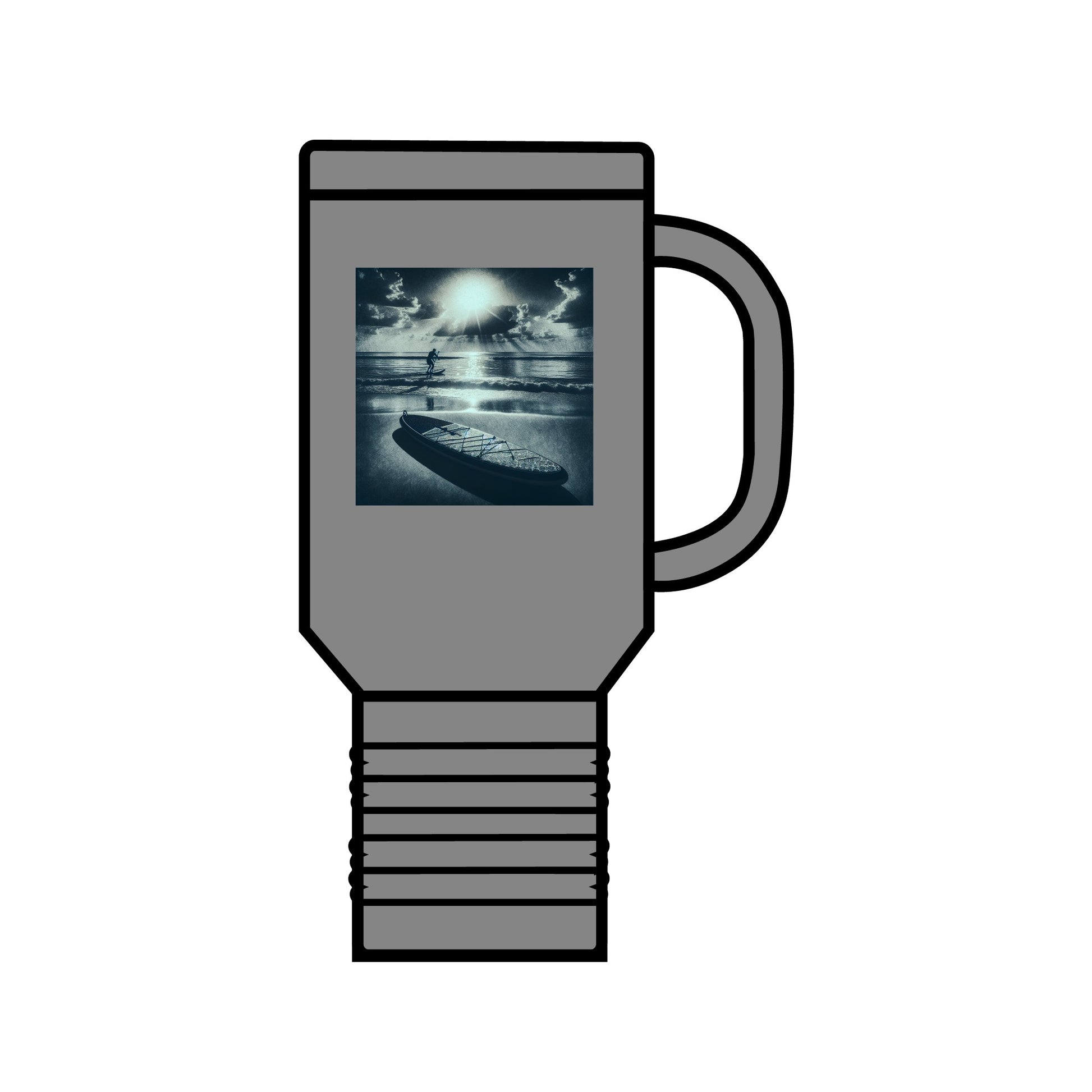 Fantasy Paddleboarding 40oz Insulated Stainless Steel Travel Mug in a stylish grey finish, adorned with a captivating design of a paddleboarder enjoying the tranquil sea. An elegant accessory for hydration on the go.