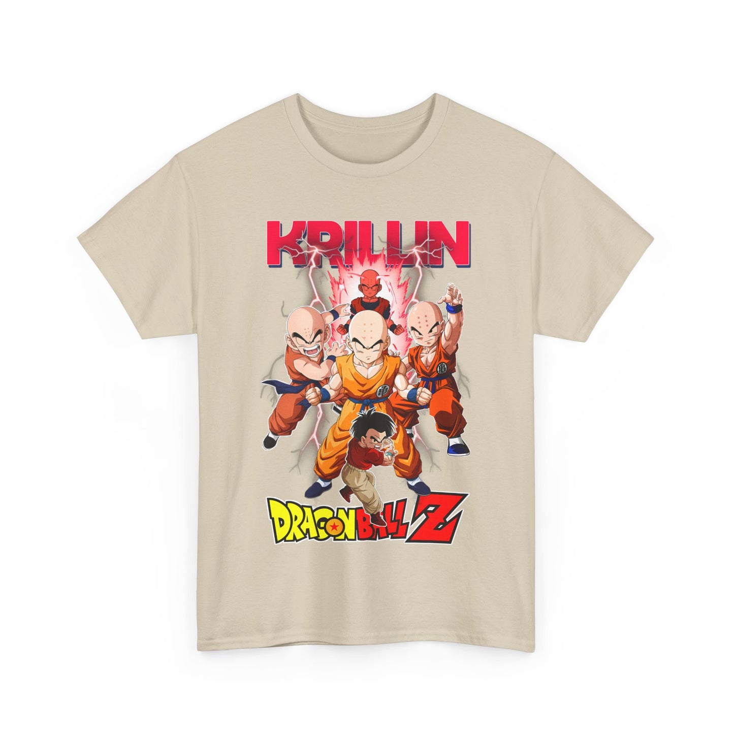 Striking front view of a Krillin and Z Fighters-themed T-shirt, featuring vibrant graphics and dynamic poses that capture the essence of Dragon Ball Z.