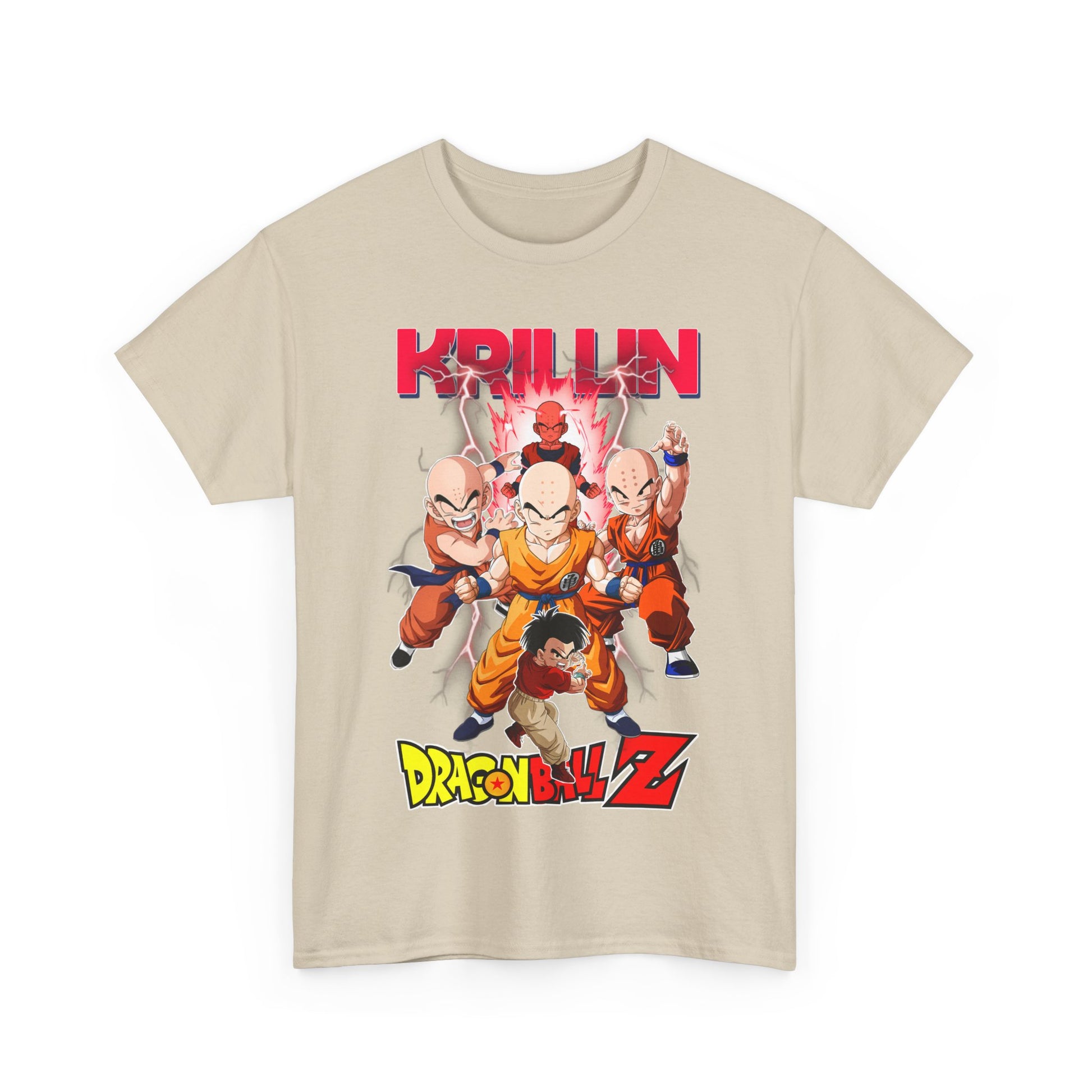 Striking front view of a Krillin and Z Fighters-themed T-shirt, featuring vibrant graphics and dynamic poses that capture the essence of Dragon Ball Z.