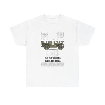 Elegant vintage men's t-shirt showcasing a detailed graphic of the 1941-1945 Willys MB military jeep, embodying history and resilience with a timeless design in olive drab green and classic black-and-white line drawings.