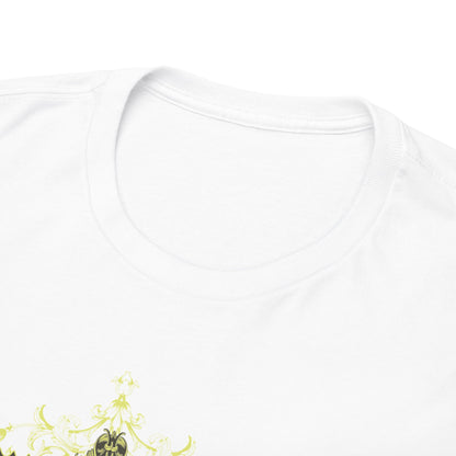 Close-up view of the neckline and fabric detailing of the luxurious Intricate Grim Reaper men's t-shirt featuring Dark Gothic Soul design.