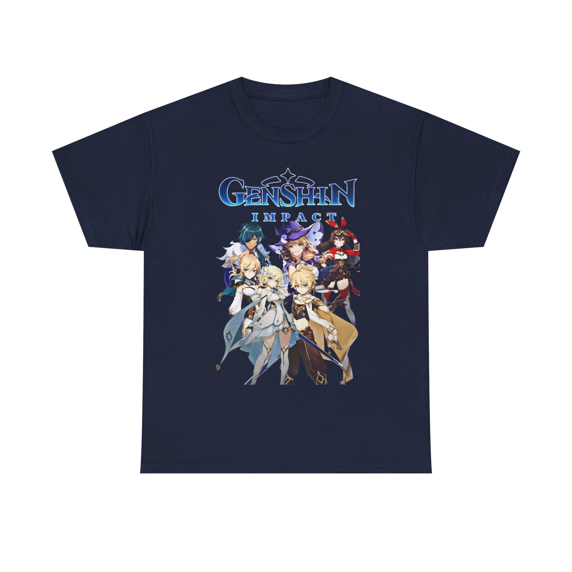 Luxurious Genshin Impact T-shirt featuring vibrant fantasy characters in a dynamic group pose, set against a dark navy background.
