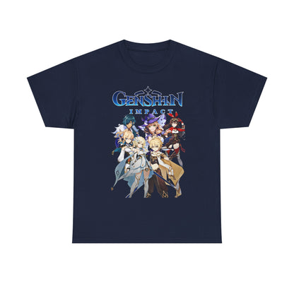 Luxurious Genshin Impact T-shirt featuring vibrant fantasy characters in a dynamic group pose, set against a dark navy background.