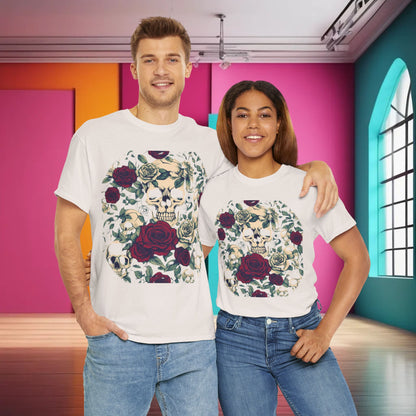 Couple wearing the Skulls and Roses Cotton Tee, highlighting its unisex fit and stylish graphic.