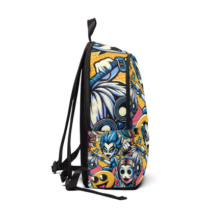 Vibrant Pop Art Backpack by Dazzling Dreams Studio showcasing unique cartoon characters and striking comic-style motifs, perfect for adding luxury and individuality to your style.