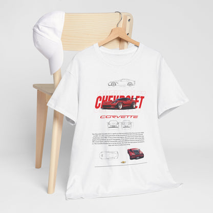 Chic layout featuring a Chevrolet Corvette C6 graphic T-shirt elegantly paired with a white cap on a wooden chair, embodying automotive passion and contemporary fashion.