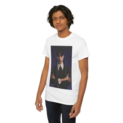 Model wearing a luxurious unisex graphic tee shirt titled 'Wednesday: Embrace the Dark Elegance'. The shirt showcases an atmospheric image of Wednesday Addams, exuding charm and elegance.