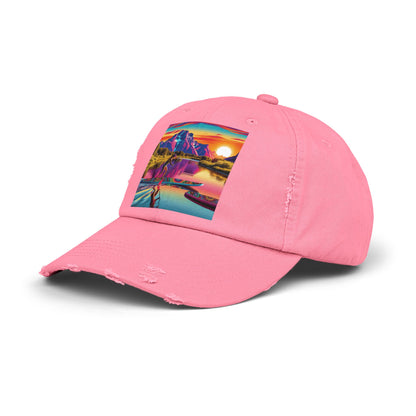 Unisex Distressed Paddleboarders Cap in a fashionable pink colour, featuring a stunning paddleboarding design, ideal for sun protection for adventure seekers.