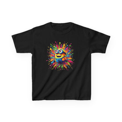 Elegant Kids Minion Paint Splash T-Shirt in black showcasing a delightful Minion accompanied by an explosion of vivid paint splashes, ideal for stylish young fans of this beloved character.