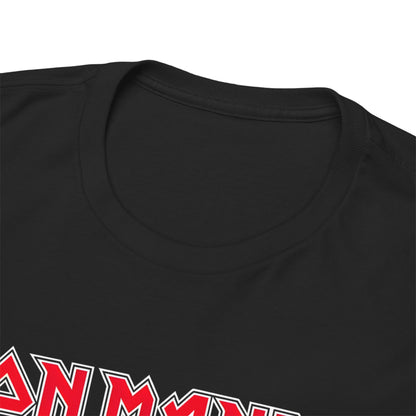 Close-up view of the luxurious neckline of the Iron Mando Graphic Tee, emphasising quality fabric and exquisite design.