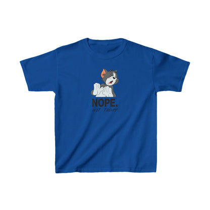 Luxury Child's Tom & Jerry “NOPE” Graphic Unisex Tee Shirt in royal blue, showcasing Tom the cartoon cat with a cheeky 'NOPE.' design.