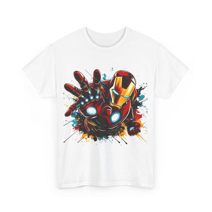 Front view of the Unleash Your Inner Hero: Iron Man graphic tee shirt featuring a vibrant illustration of Iron Man in a striking red and gold suit against a white backdrop.