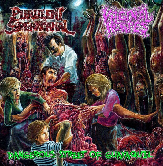 Official CD cover for Dangerous Street Of Guayaquil by Purulent Spermcanal and Vaginal Herpes, featuring dark and provocative artwork from Rancid Offal Records, showcasing the unique essence of death metal music.
